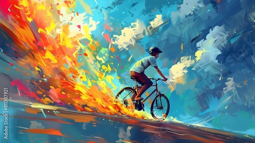 Dynamic Cyclist Navigating Vibrant Digital Landscape with Explosive Energy © Sataporn