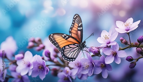 closeup of blossoms and purple flowers with one single butterfly on blue defocused background © Makayla
