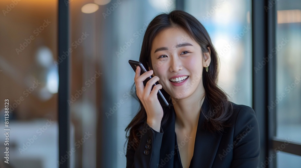 a smiling Korean businesswoman talking on the cellphone and sitting at desk in her modern office. glass walls can be seen in the background. generative AI a smiling Korean businesswoman talking on the cellphone and sitting at desk in her modern office. glass walls can be seen in the background. generative AI