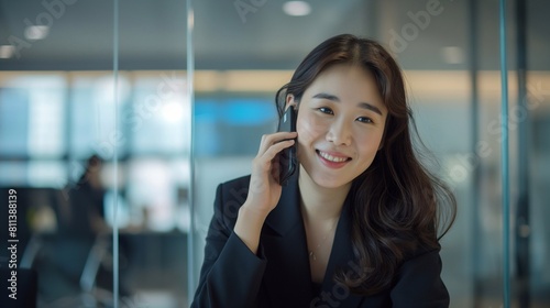 a smiling Korean businesswoman talking on the cellphone and sitting at desk in her modern office. glass walls can be seen in the background. generative AI