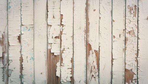 old wooden plank wall painted with white peeling paint rustic background © Makayla
