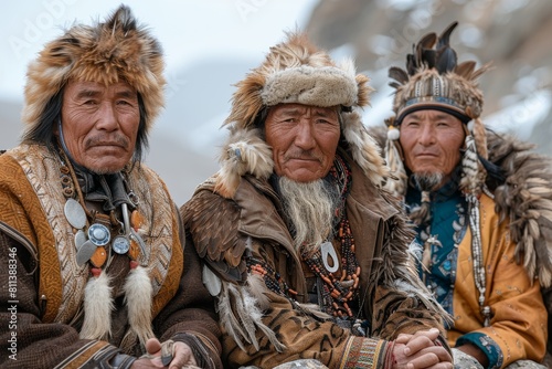Three men seated in traditional eagle hunting garb  displaying cultural attire