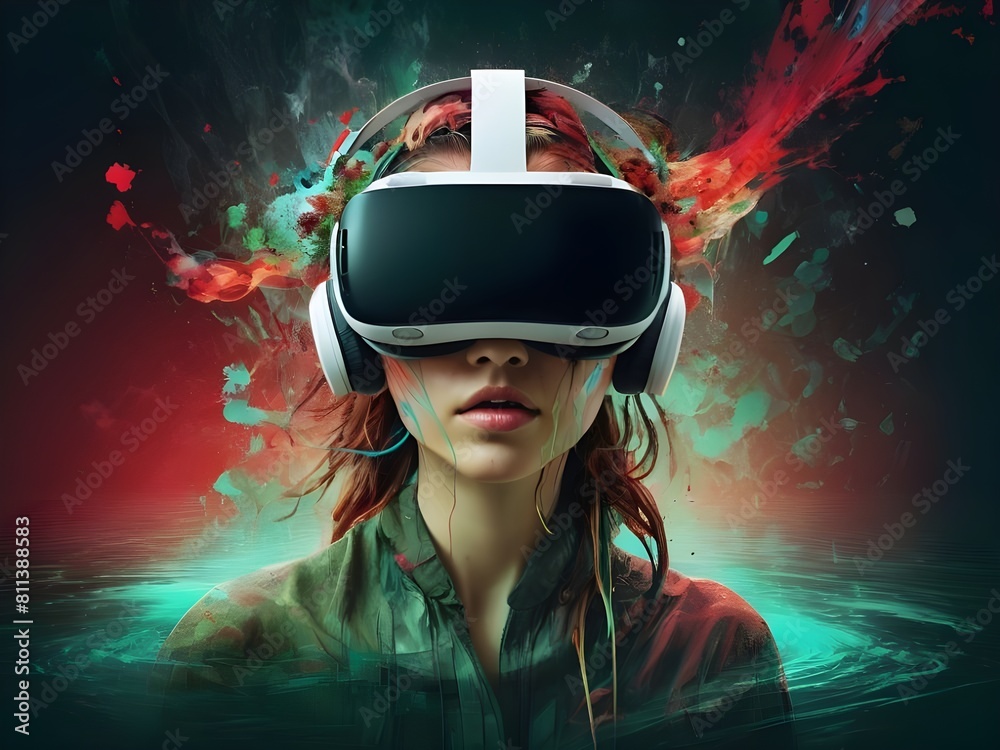 A panorama of a woman with a VR headset on moving across a flood of digital data, beautiful abstract,