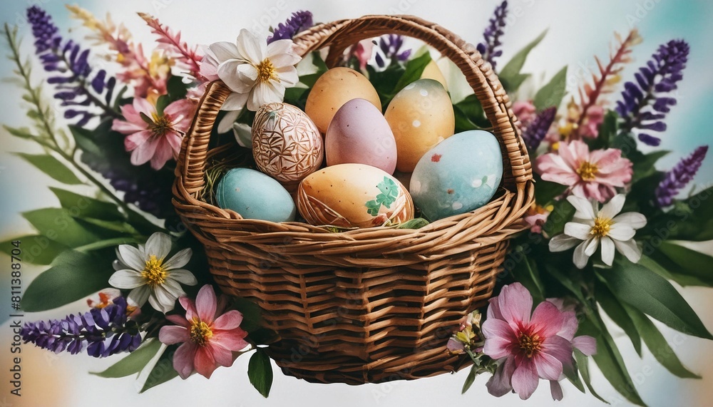 easter eggs in basket with flowers watercolor illustration isolated on transparent background