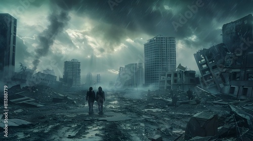 Weathered Travelers Navigating Through War Torn Cybernetic Cityscape Amid Looming Darkness