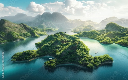 Lush green islands in a tranquil turquoise sea under a bright sky. photo