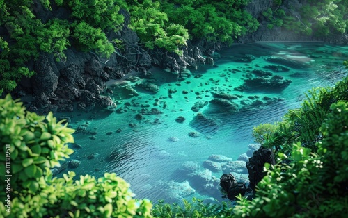 Lush greenery surrounds a serene turquoise bay, dotted with black volcanic rocks.