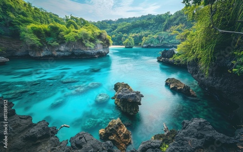 Lush greenery surrounds a serene turquoise bay  dotted with black volcanic rocks.