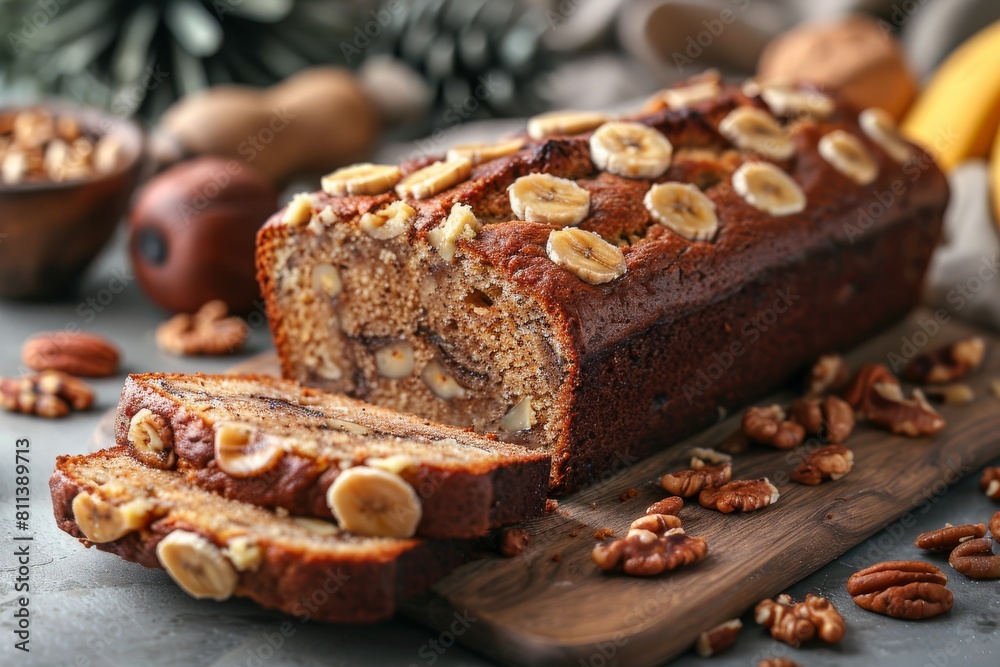 Scrumptious close-up of a banana bread loaded with nuts, alluringly cut to showcase its soft texture and ingredients Scrumptious close-up of a banana bread loaded with nuts, alluringly cut to showcase its soft texture and ingredients
