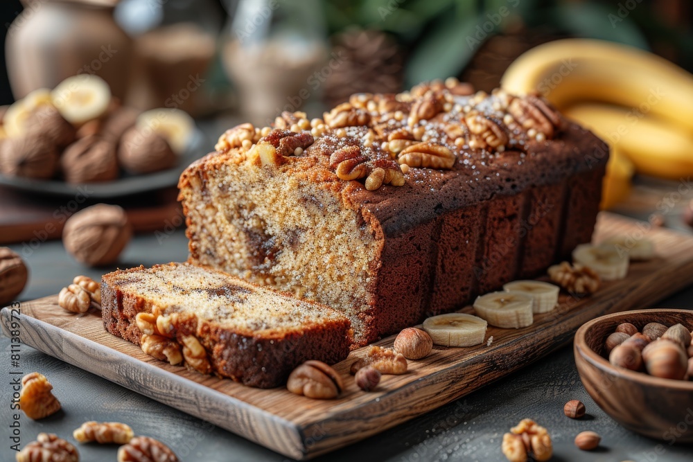 Tempting banana bread loaf embellished with banana slices and a generous spread of nuts, ready to be served Tempting banana bread loaf embellished with banana slices and a generous spread of nuts, ready to be served