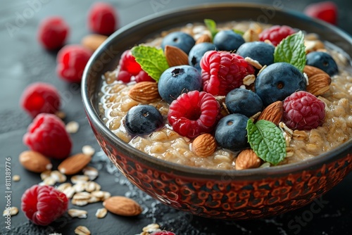 A health-focused breakfast option with oatmeal  berries  and almonds in a rustic bowl