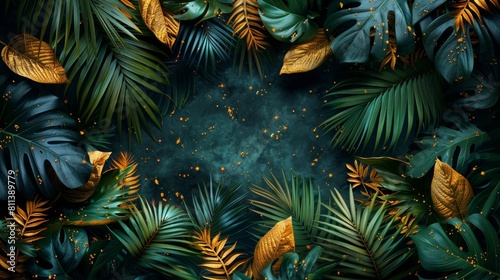 A luxury wallpaper with watercolor, tropical leaf framed, palm leaf, flower, vivid foliage and gold brush glitter.