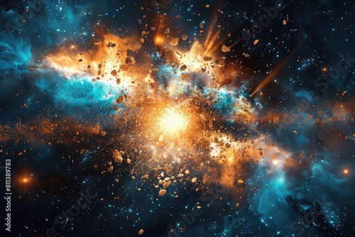 A space scene with a bright orange star surrounded by a blue and orange cloud of debris. The debris is scattered throughout the scene, with some pieces closer to the star and others further away