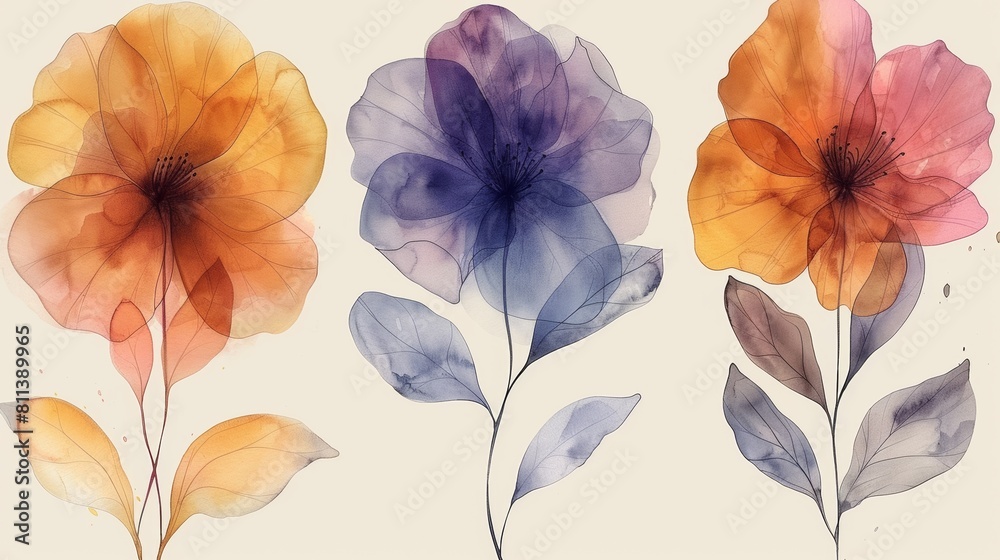 Modern set of leaves and flowers with watercolor background. Home decor, covers, wall art posters, and more.