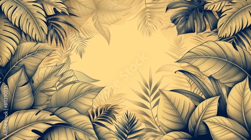 Line art background modern of tropical leaves on faded background. Decoration, wall decor, wallpaper, cover, banner, poster, card. Design illustration.
