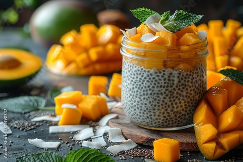 Elegantly layered chia pudding with mango atop a wooden board, garnished with basil leaves for a rustic, appetizing look photo