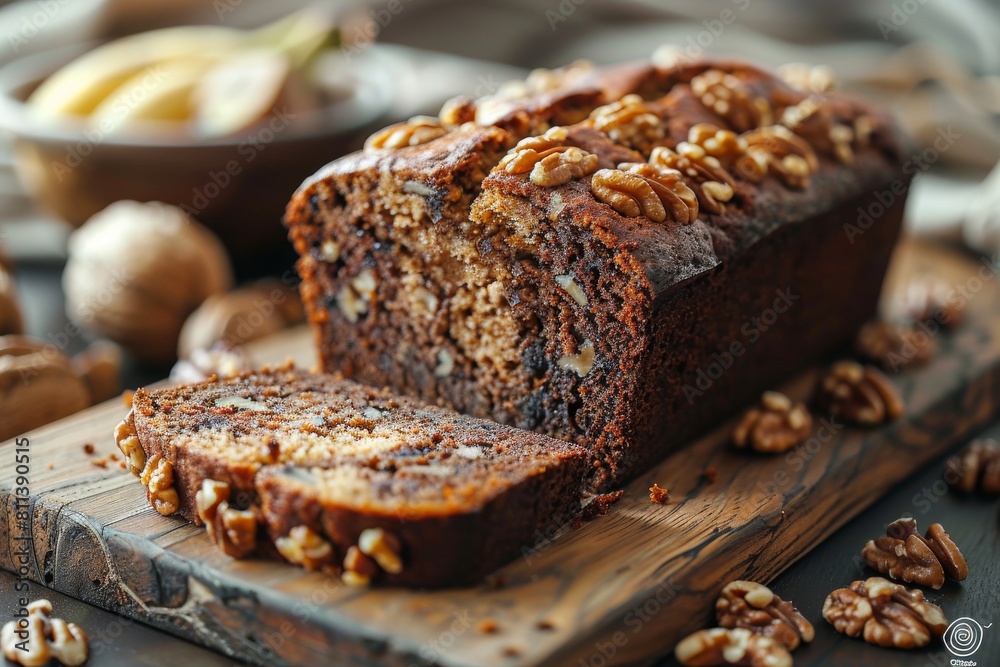 Sliced banana bread loaf topped with nuts and hints of chocolate, presented on a rustic wooden serving board Sliced banana bread loaf topped with nuts and hints of chocolate, presented on a rustic wooden serving board