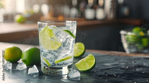 a glass of a freshly prepared gin and tonic with lime ice cubes on a counter