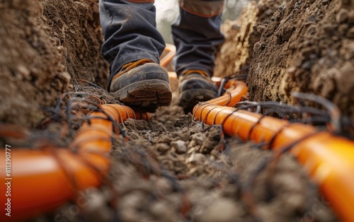 Orange pipes laid in a trench, surrounded by soil and a worker's foot visible. photo