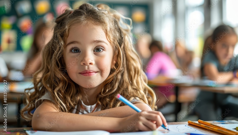 A classroom scene with young students using crayons to fill in educational coloring books during art class A classroom scene with young students using crayons to fill in educational coloring books during art class