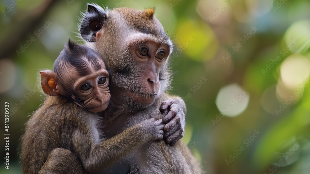 Fototapeta premium Primate mother joyfully holds baby monkey in lush jungle