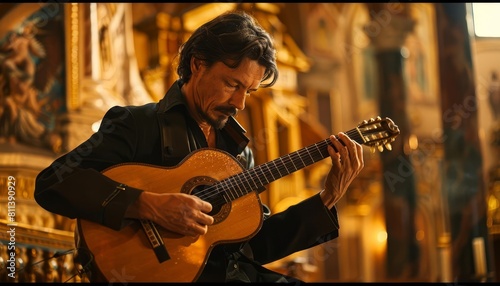 A classical guitarist performing a complex piece in an old, echoey church, capturing the pure essence of acoustic music