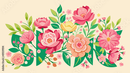  floral font with spring pink flowers cartoon vector illustration