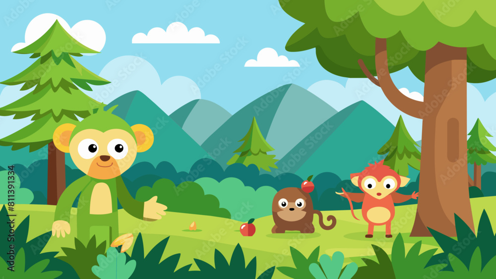 forest scene with funny monkeys cartoon vector illustration