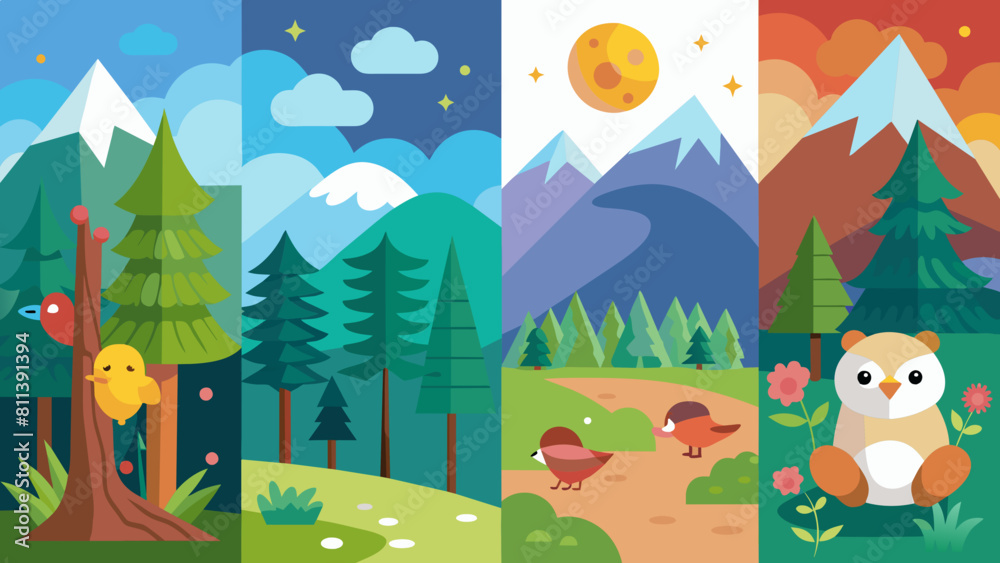 four different nature scene forest cartoon vector illustration four different nature scene forest cartoon vector illustration