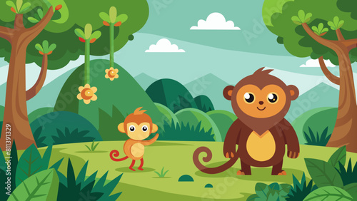 forest scene with funny monkeys cartoon vector illustration