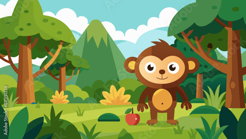 forest scene with funny monkeys cartoon vector illustration