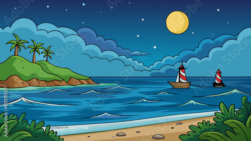 free seascape at night cartoon vector illustration