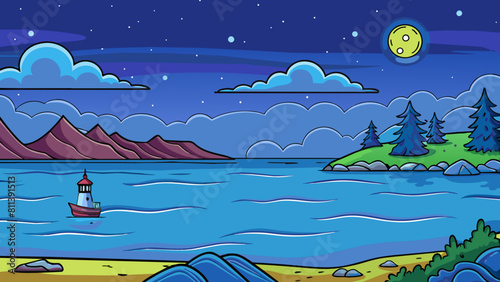 free seascape at night cartoon vector illustration