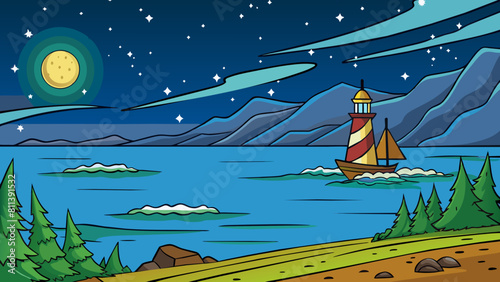 free seascape at night cartoon vector illustration