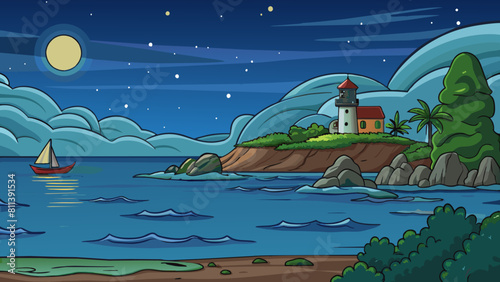 free seascape at night cartoon vector illustration