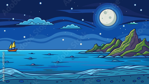 free seascape at night cartoon vector illustration