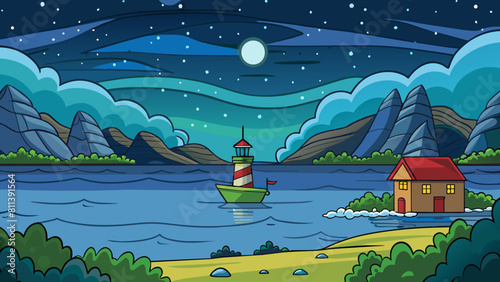 free seascape at night cartoon vector illustration