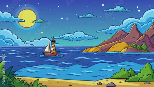 free seascape at night cartoon vector illustration