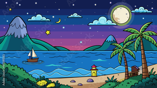 free seascape at night cartoon vector illustration