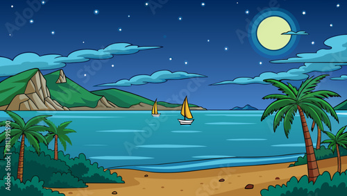 free seascape at night cartoon vector illustration