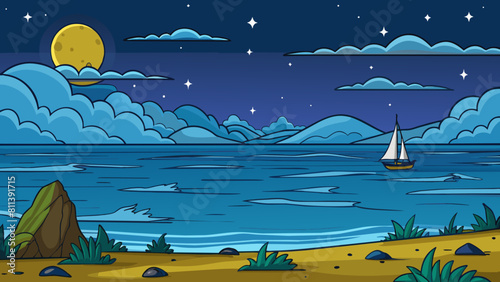 free seascape at night cartoon vector illustration