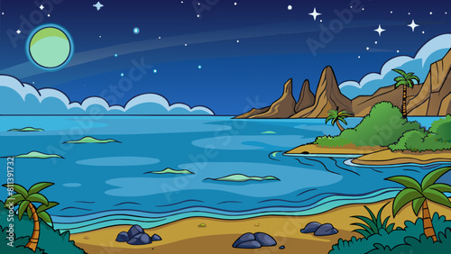 free seascape at night cartoon vector illustration