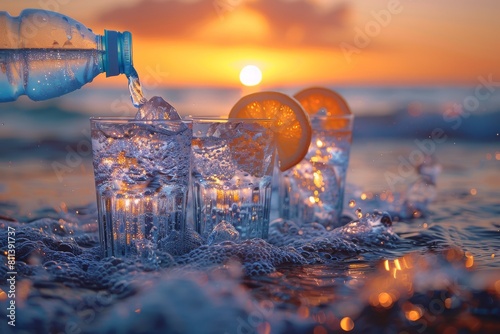 Pouring water into glasses with lemon slices on sea shore during a stunning sunset evokes refreshing summer vibes