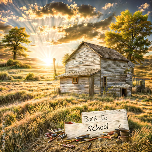 Wooden Schoolhouse Standing Tall in a Field with a Back to School Sign: A Welcoming Image for Teachers, Students, and Parents Celebrating a New School Year photo