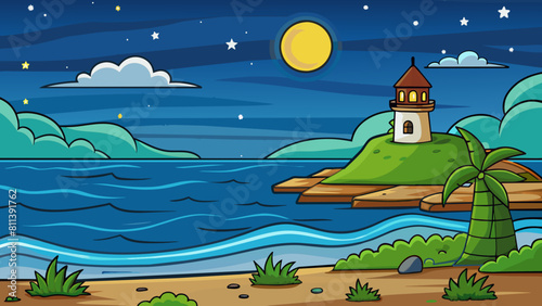 free seascape at night cartoon vector illustration