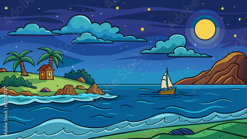 free seascape at night cartoon vector illustration