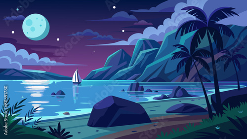 free seascape at night cartoon vector illustration