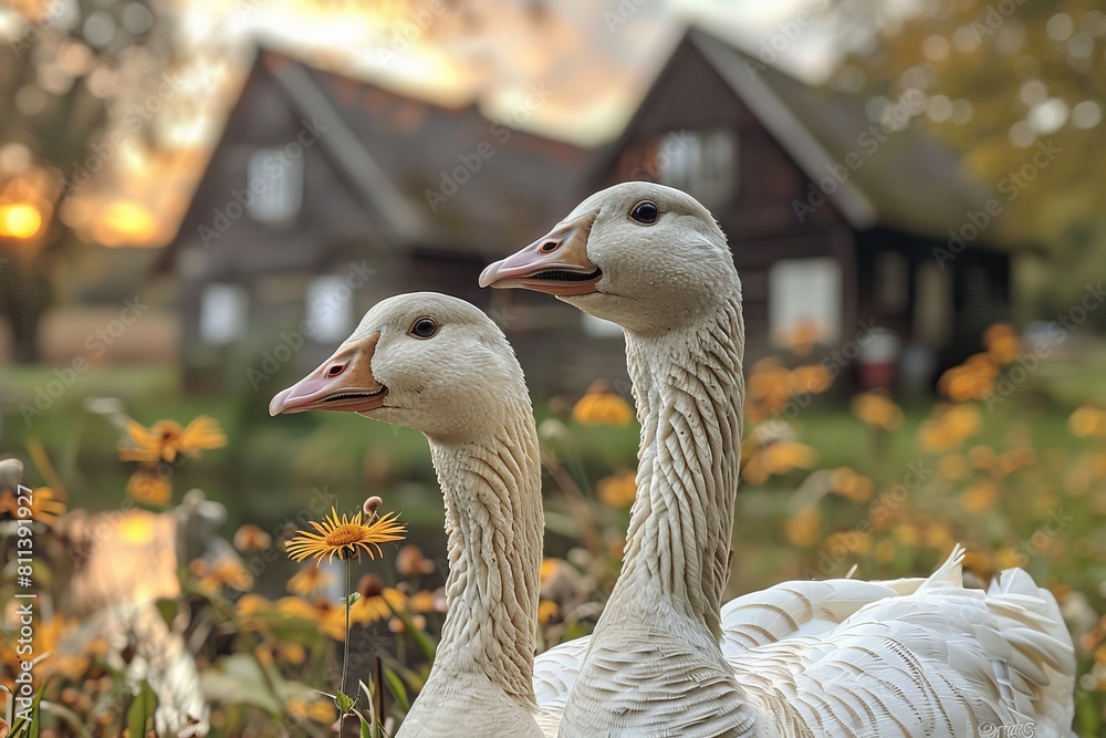 These two white geese stand prominently in the foreground with a traditional cottage and autumn setting in the background These two white geese stand prominently in the foreground with a traditional cottage and autumn setting in the background