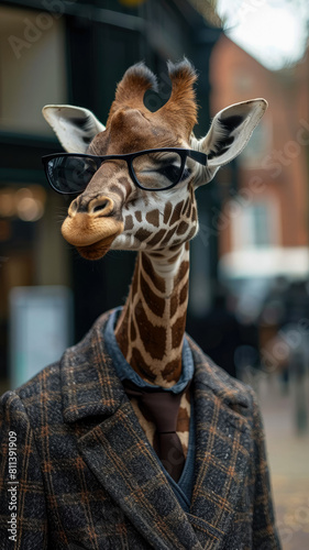 Graceful giraffe strolls through city streets in tailored splendor, epitomizing street style. © Tatiana