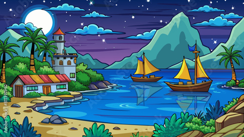 free seascape at night cartoon vector illustration